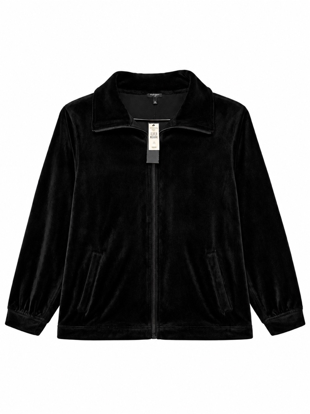 black velour Talbots luxe zip-up jacket | mockneck velour zip up track jacket